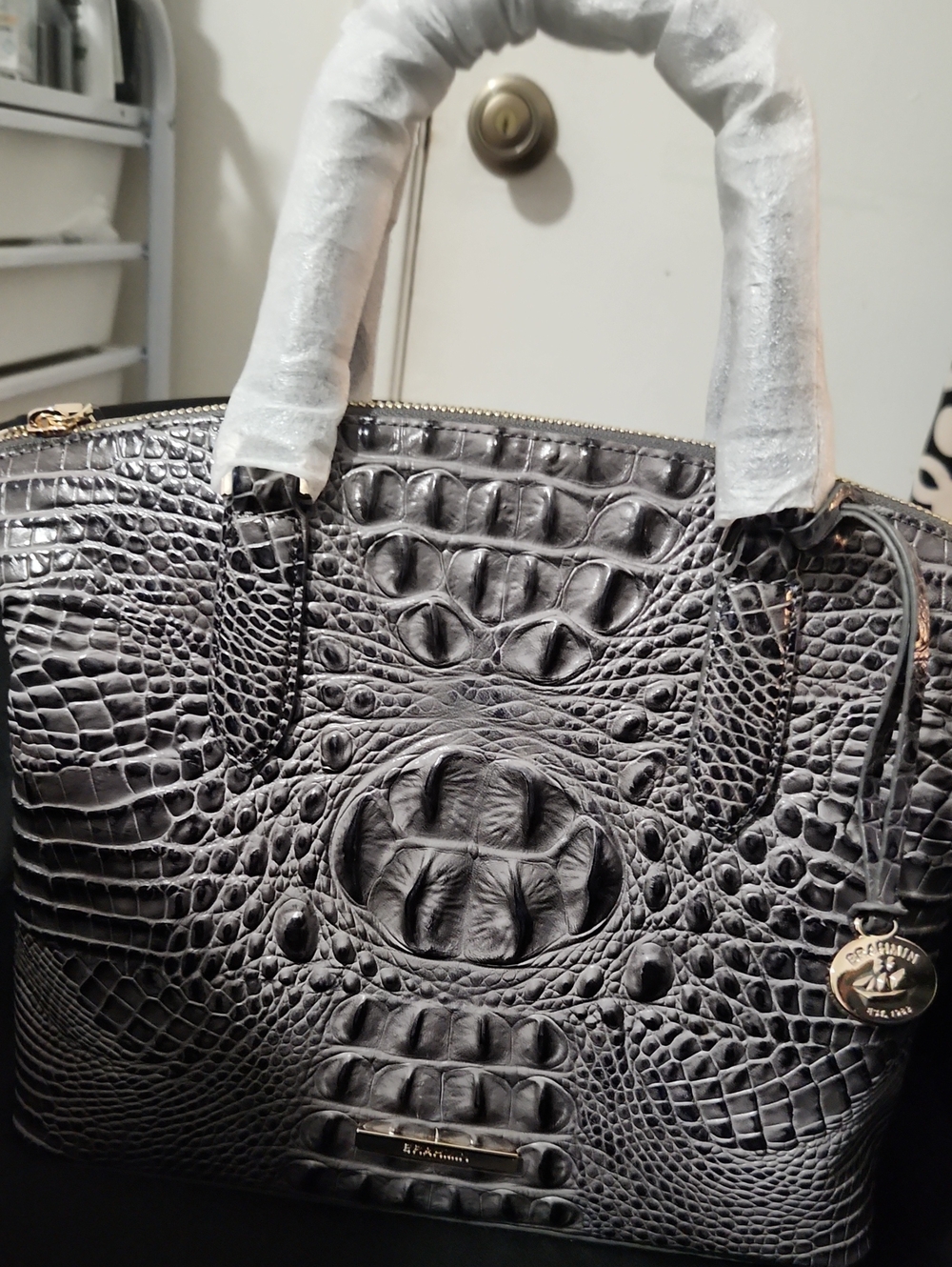 BRAHMIN Crocodile-Embossed Structured Satchel -  Gray/Black